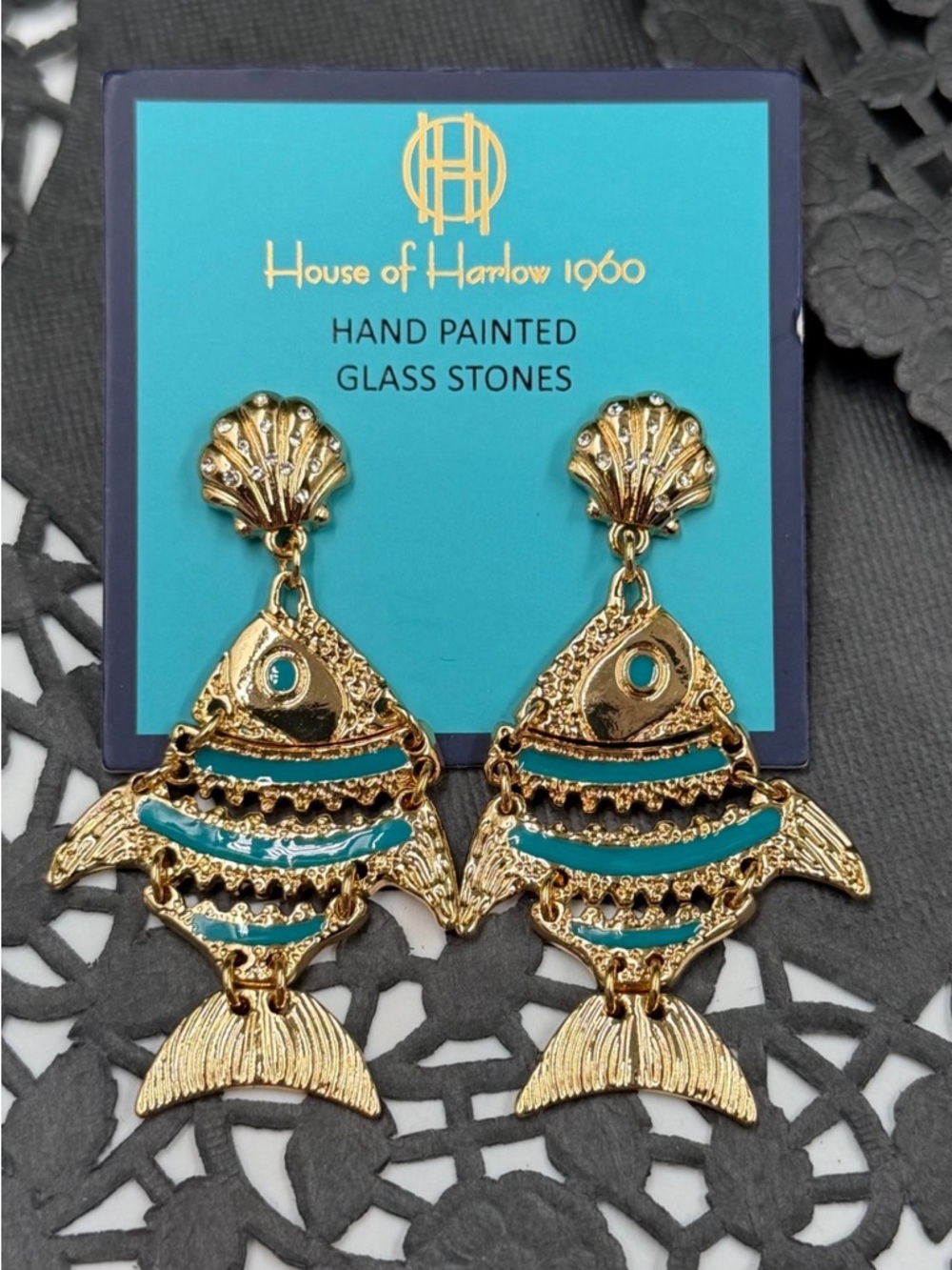 House of Harlow 1960 Hand Painted Gold and Teal Fish Drop Earrings
